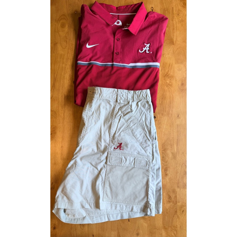 Nike Alabama Crimson Tide Polo & Columbia PFG Shorts Set Mens XL Crimson Tan
